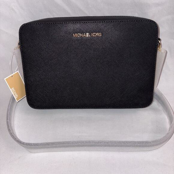 Michael Kors Jet Set Travel Large East/West Crossbody Purse Solid Black Leather - Picture 1 of 9